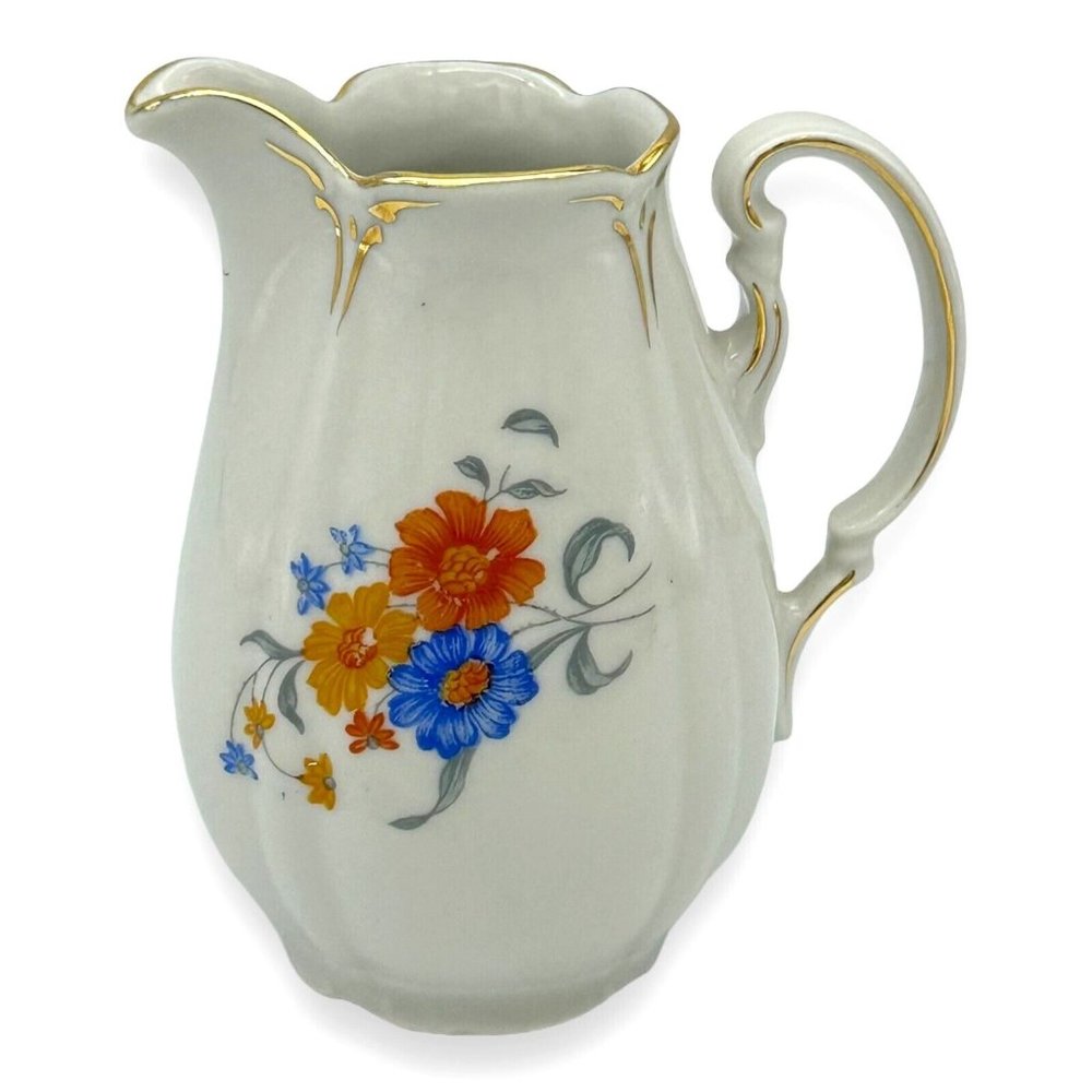VTG Porcelain Creamer Germany US Zone Double Side Floral Designs Gold Trim‎ 4.5"
